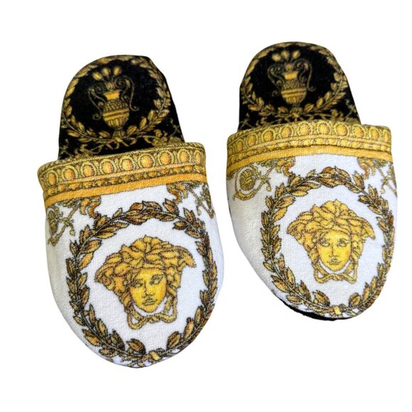 Versace Medusa Head Cotton Bath Slippers White/Gold MEDIUM ZSLP00002 NWT